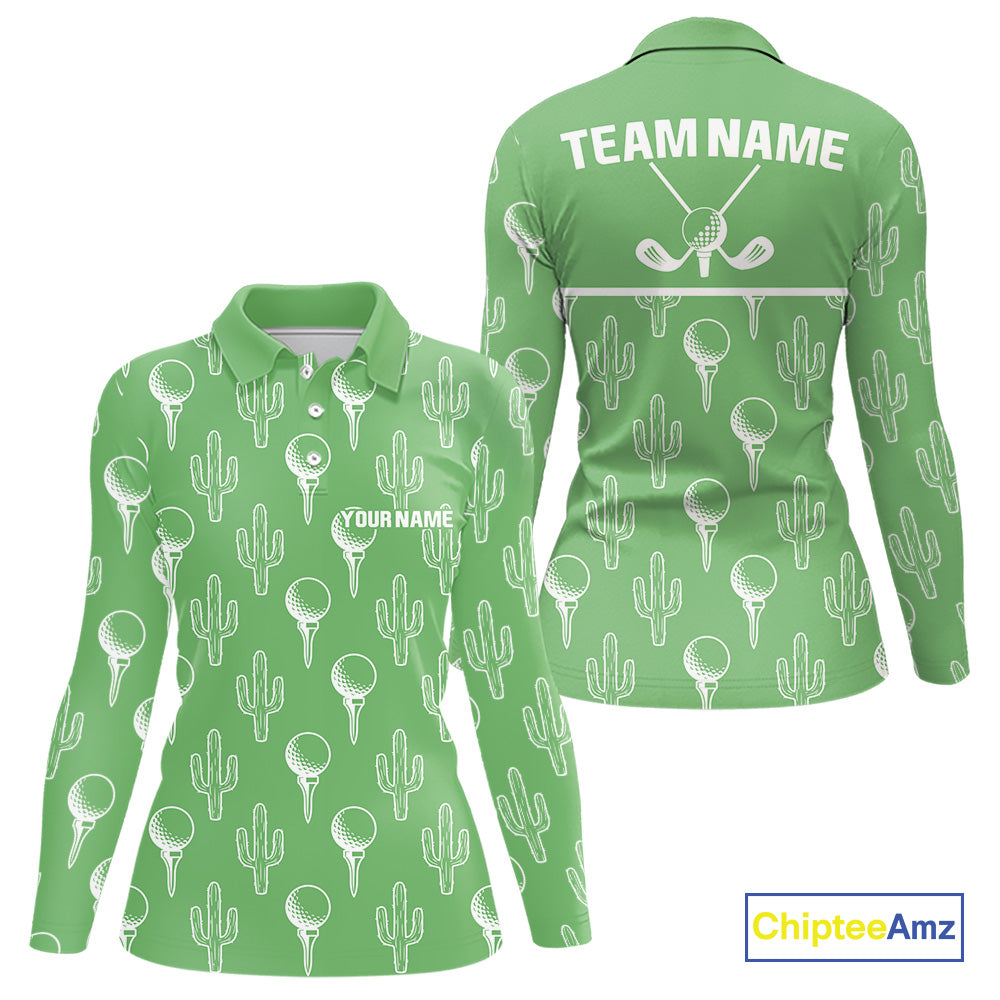 Personalized Desert Cactus Green Pattern Golf Polo Shirts Custom Funny Cactus Golf Gifts