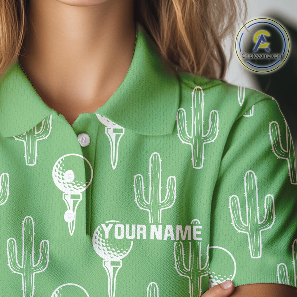 Personalized Desert Cactus Green Pattern Golf Polo Shirts Custom Funny Cactus Golf Gifts