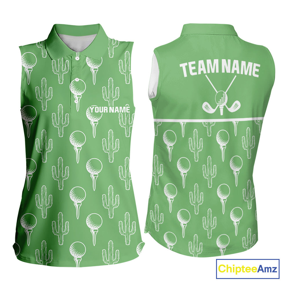 Personalized Desert Cactus Green Pattern Golf Sleeveless Polo Shirts Custom Funny Cactus Golf Gifts