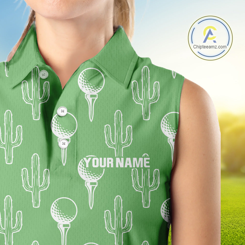 Personalized Desert Cactus Green Pattern Golf Sleeveless Polo Shirts Custom Funny Cactus Golf Gifts