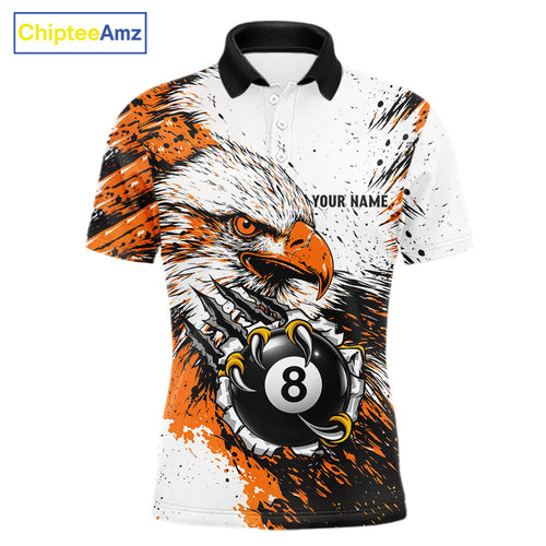 Orange Splatter Eagle 8 Ball Pool Polo Shirt Custom Billiard League Team Jersey With Name