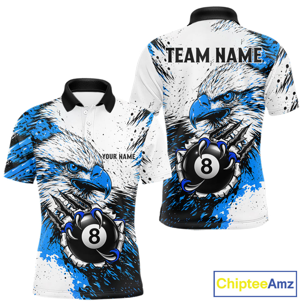 Blue Splatter Eagle 8 Ball Pool Polo Shirt Custom Billiard League Team Jersey With Name