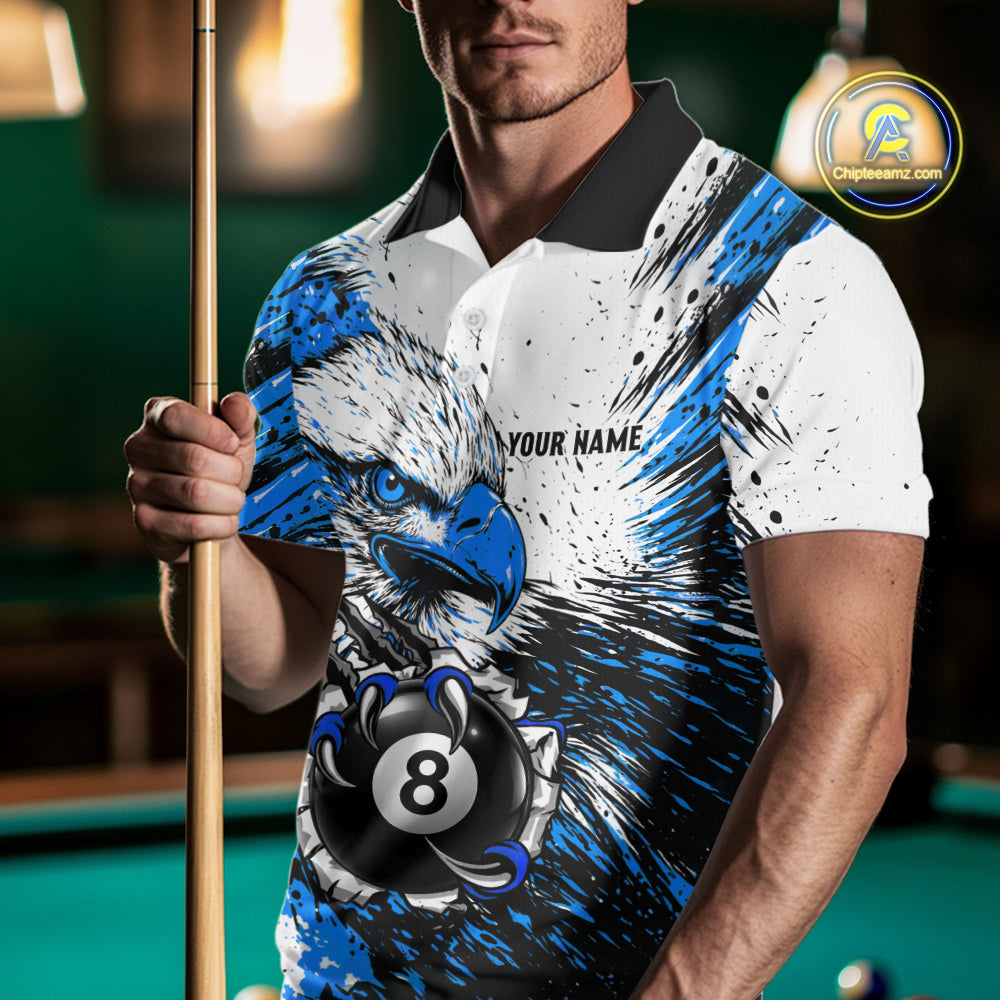 Blue Splatter Eagle 8 Ball Pool Polo Shirt Custom Billiard League Team Jersey With Name