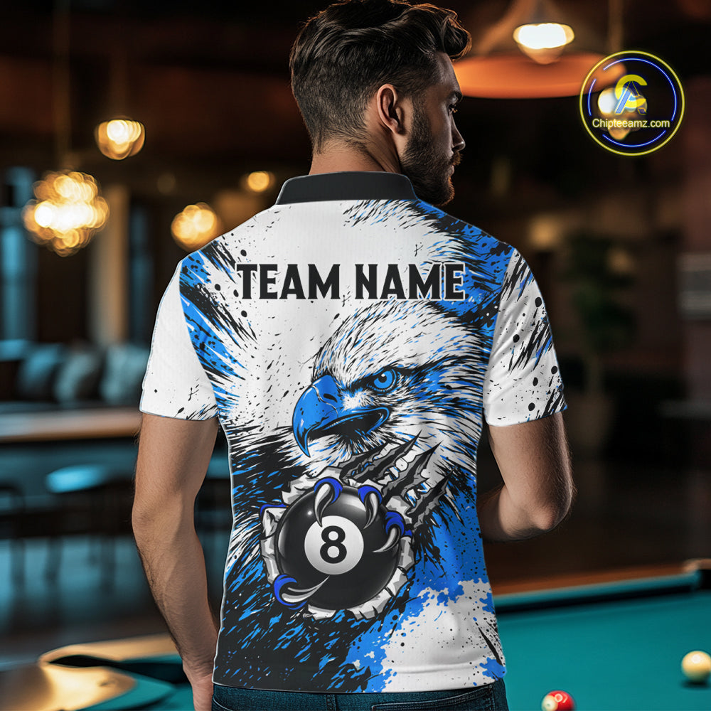 Blue Splatter Eagle 8 Ball Pool Polo Shirt Custom Billiard League Team Jersey With Name