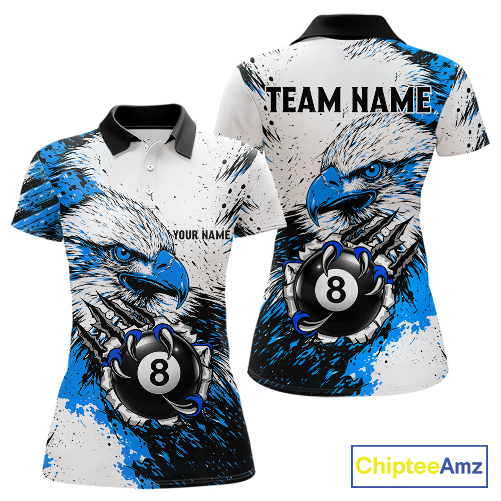 Blue Splatter Eagle 8 Ball Pool Polo Shirt Custom Billiard League Team Jersey With Name