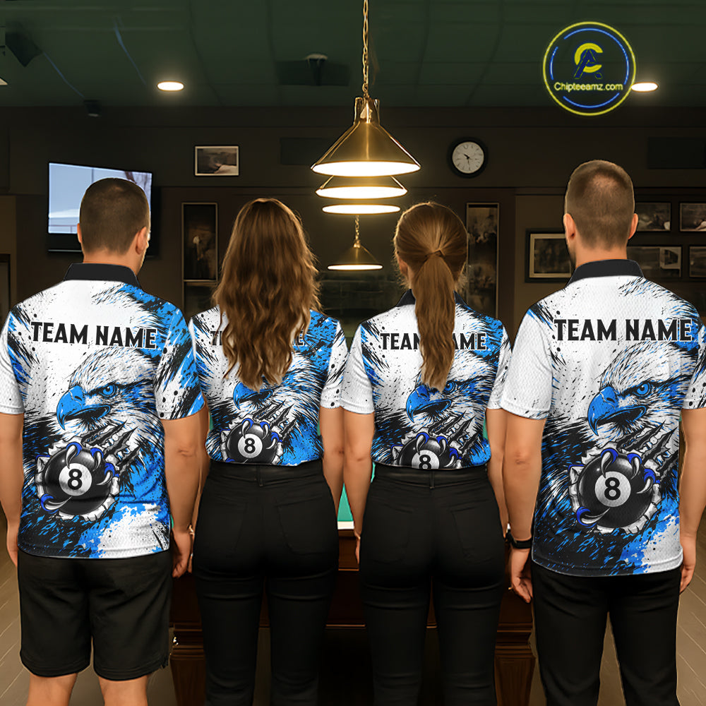 Blue Splatter Eagle 8 Ball Pool Polo Shirt Custom Billiard League Team Jersey With Name