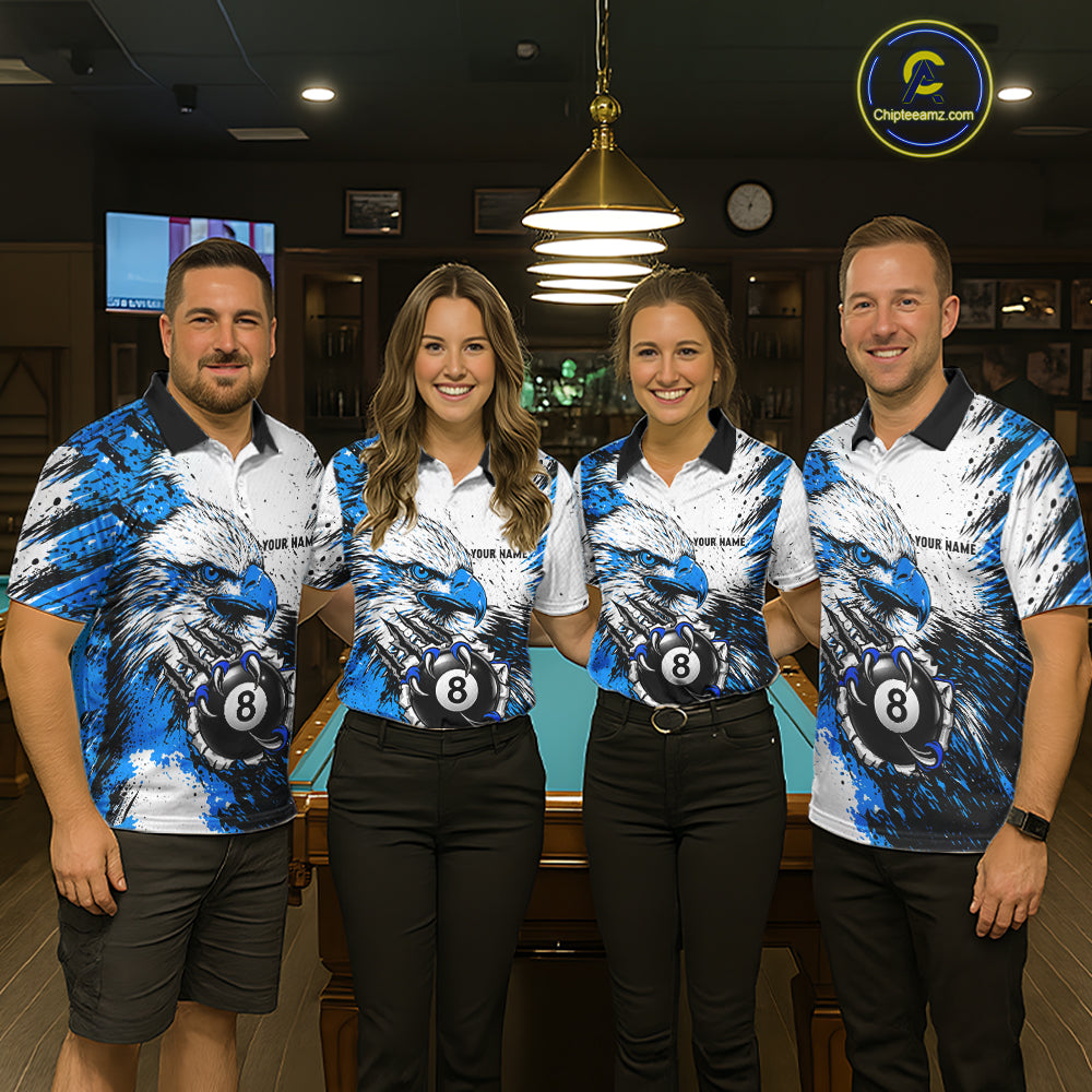 Blue Splatter Eagle 8 Ball Pool Polo Shirt Custom Billiard League Team Jersey With Name