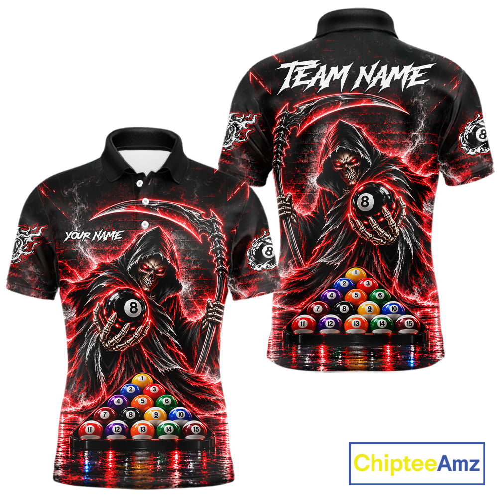 Red Thunder Grim Reaper 8 Ball Billiard Pool Shirt Custom Billiard Skeleton Team Appeal