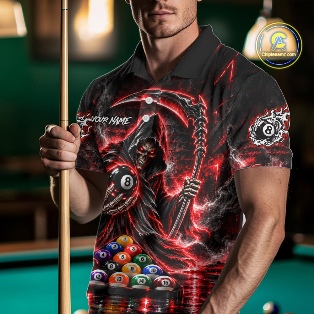 Red Thunder Grim Reaper 8 Ball Billiard Pool Shirt Custom Billiard Skeleton Team Appeal