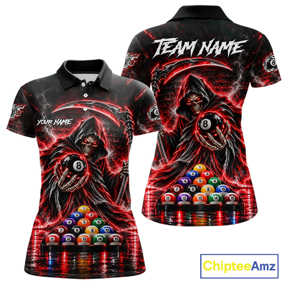 Red Thunder Grim Reaper 8 Ball Billiard Pool Shirt Custom Billiard Skeleton Team Appeal