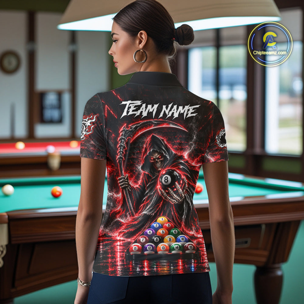 Red Thunder Grim Reaper 8 Ball Billiard Pool Shirt Custom Billiard Skeleton Team Appeal
