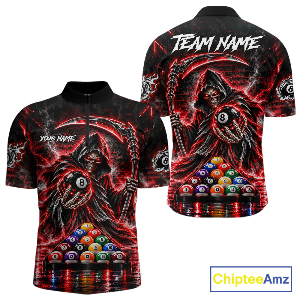 Red Thunder Grim Reaper 8 Ball Billiard Pool Shirt Custom Billiard Skeleton Team Appeal