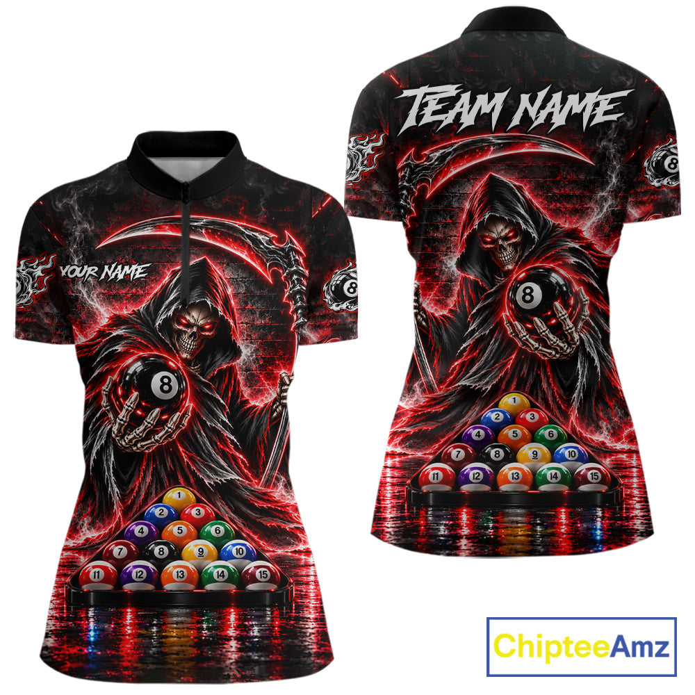 Red Thunder Grim Reaper 8 Ball Billiard Pool Shirt Custom Billiard Skeleton Team Appeal