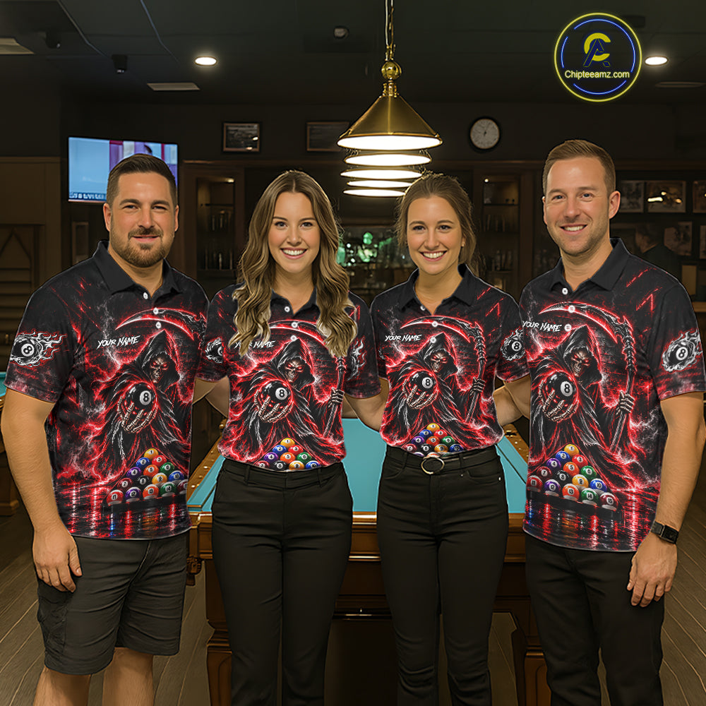 Red Thunder Grim Reaper 8 Ball Billiard Pool Shirt Custom Billiard Skeleton Team Appeal