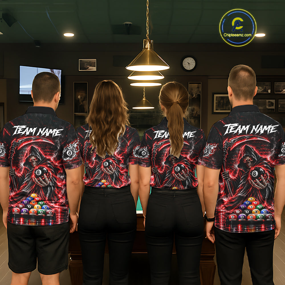 Red Thunder Grim Reaper 8 Ball Billiard Pool Shirt Custom Billiard Skeleton Team Appeal