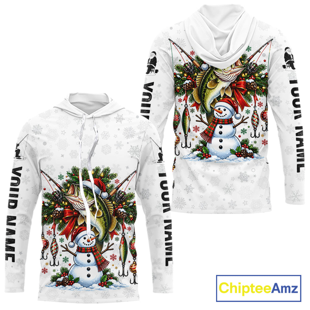 Custom Christmas Bass Fishing Shirt Snowman Fishing Rod Long Sleeve Apparel Xmas Gift For Fishermen
