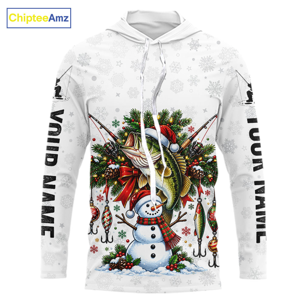 Custom Christmas Bass Fishing Shirt Snowman Fishing Rod Long Sleeve Apparel Xmas Gift For Fishermen