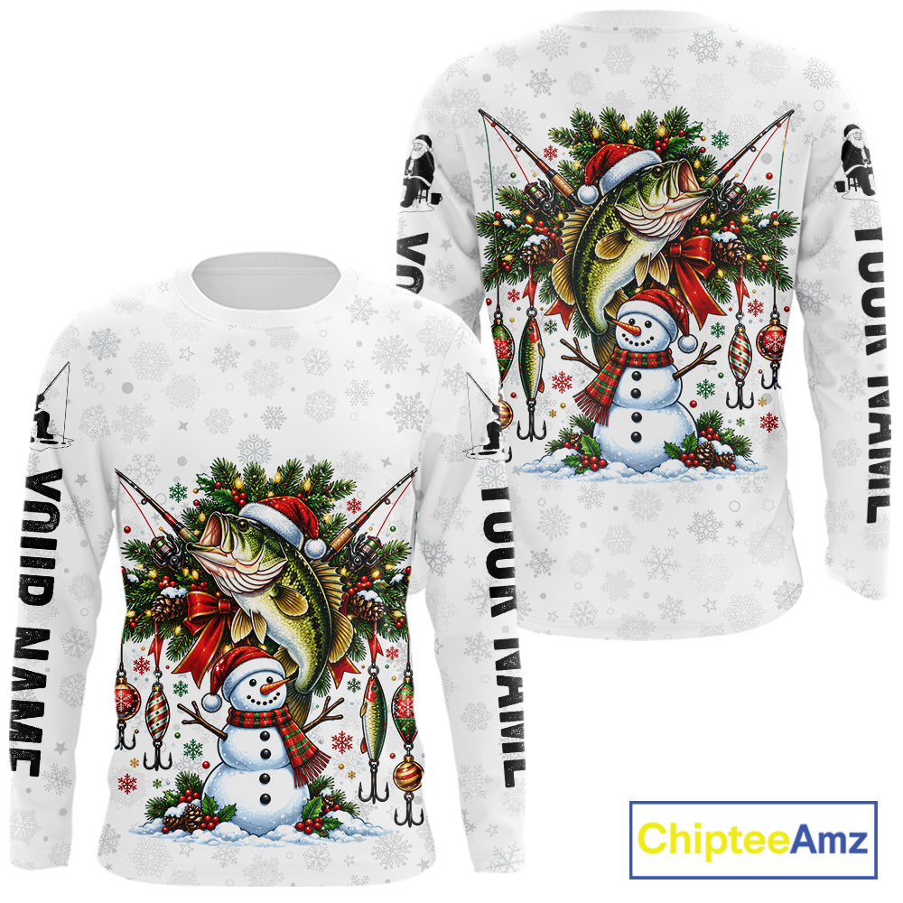 Custom Christmas Bass Fishing Shirt Snowman Fishing Rod Long Sleeve Apparel Xmas Gift For Fishermen