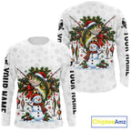 Custom Christmas Bass Fishing Shirt Snowman Fishing Rod Long Sleeve Apparel Xmas Gift For Fishermen