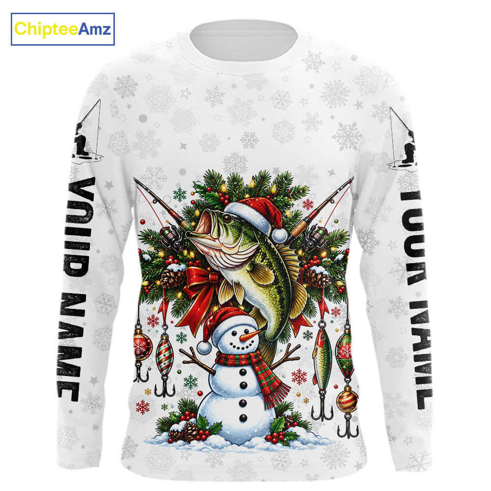 Custom Christmas Bass Fishing Shirt Snowman Fishing Rod Long Sleeve Apparel Xmas Gift For Fishermen