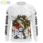 Custom Christmas Bass Fishing Shirt Snowman Fishing Rod Long Sleeve Apparel Xmas Gift For Fishermen