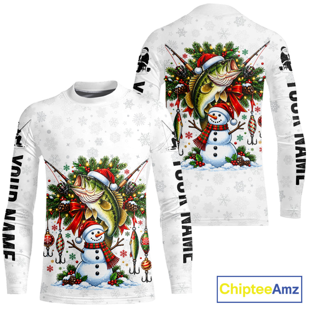 Custom Christmas Bass Fishing Shirt Snowman Fishing Rod Long Sleeve Apparel Xmas Gift For Fishermen