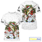 Custom Christmas Bass Fishing Shirt Snowman Fishing Rod Long Sleeve Apparel Xmas Gift For Fishermen