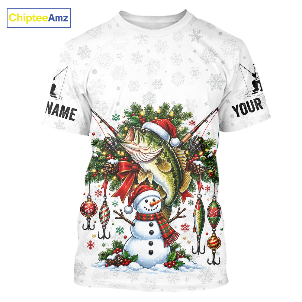 Custom Christmas Bass Fishing Shirt Snowman Fishing Rod Long Sleeve Apparel Xmas Gift For Fishermen