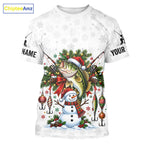 Custom Christmas Bass Fishing Shirt Snowman Fishing Rod Long Sleeve Apparel Xmas Gift For Fishermen