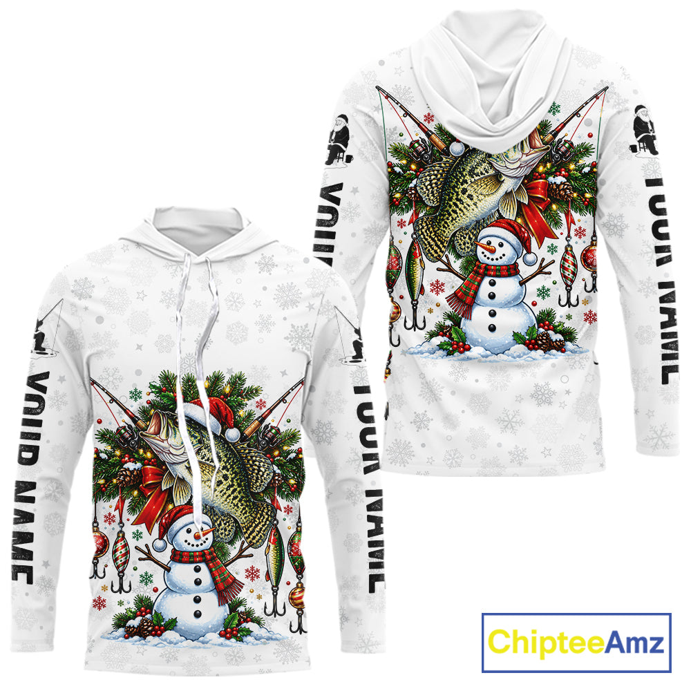 Custom Christmas Crappie Fishing Shirt Snowman Fishing Rod Long Sleeve Apparel Xmas Gift For Fishermen