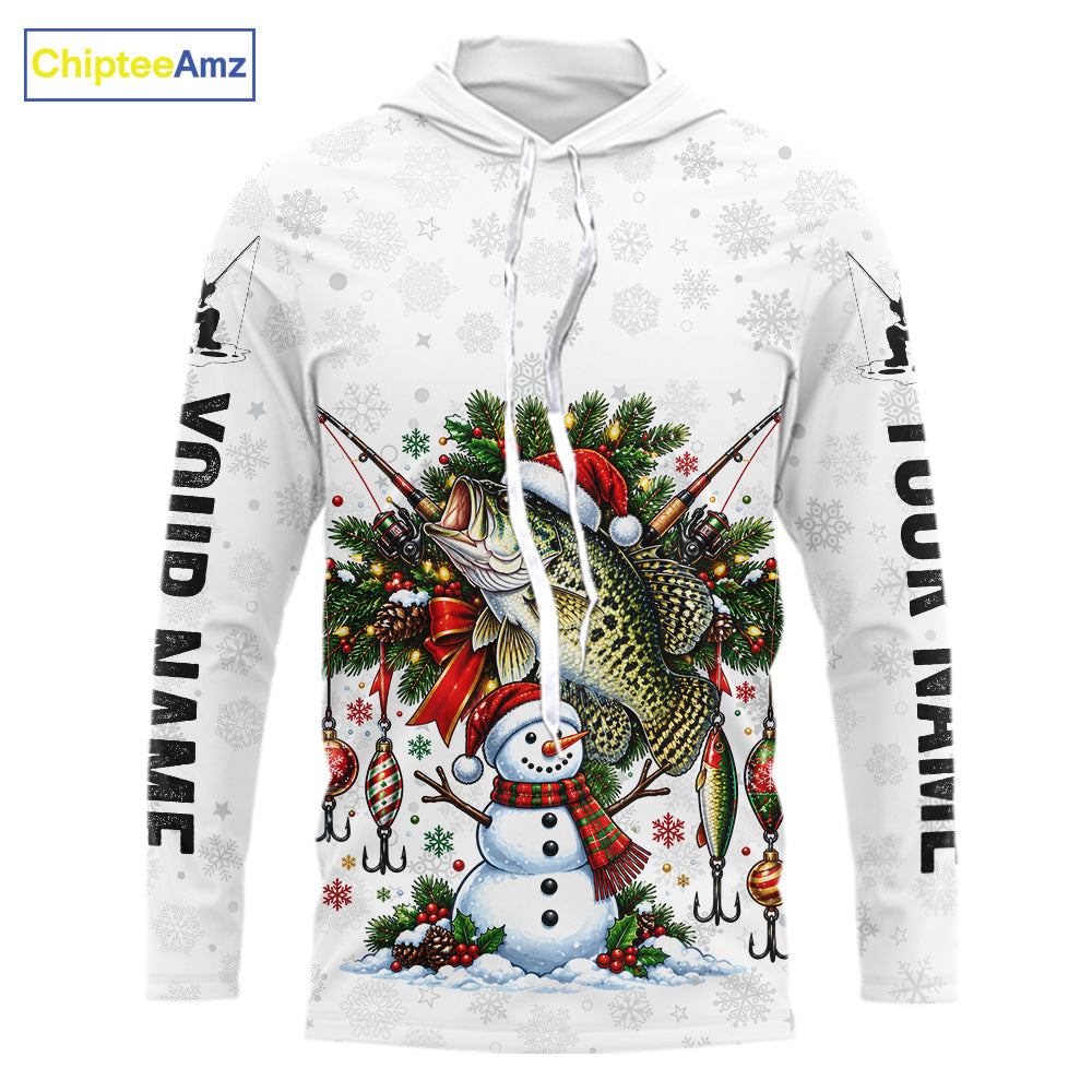 Custom Christmas Crappie Fishing Shirt Snowman Fishing Rod Long Sleeve Apparel Xmas Gift For Fishermen