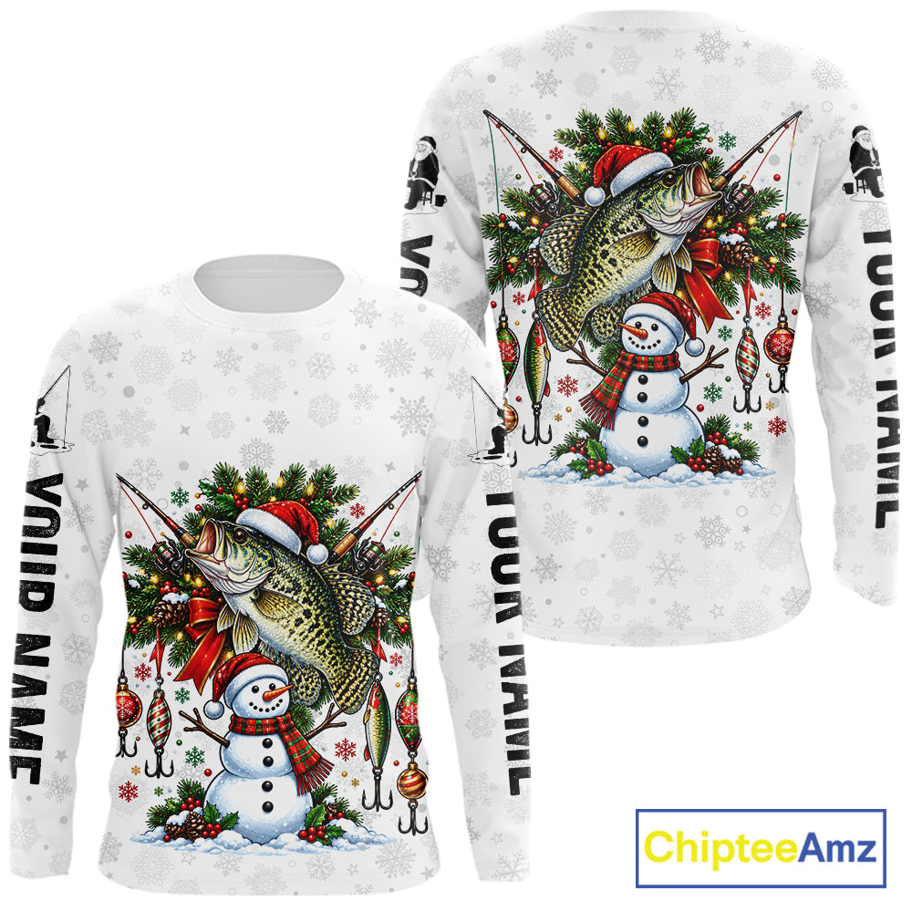 Custom Christmas Crappie Fishing Shirt Snowman Fishing Rod Long Sleeve Apparel Xmas Gift For Fishermen