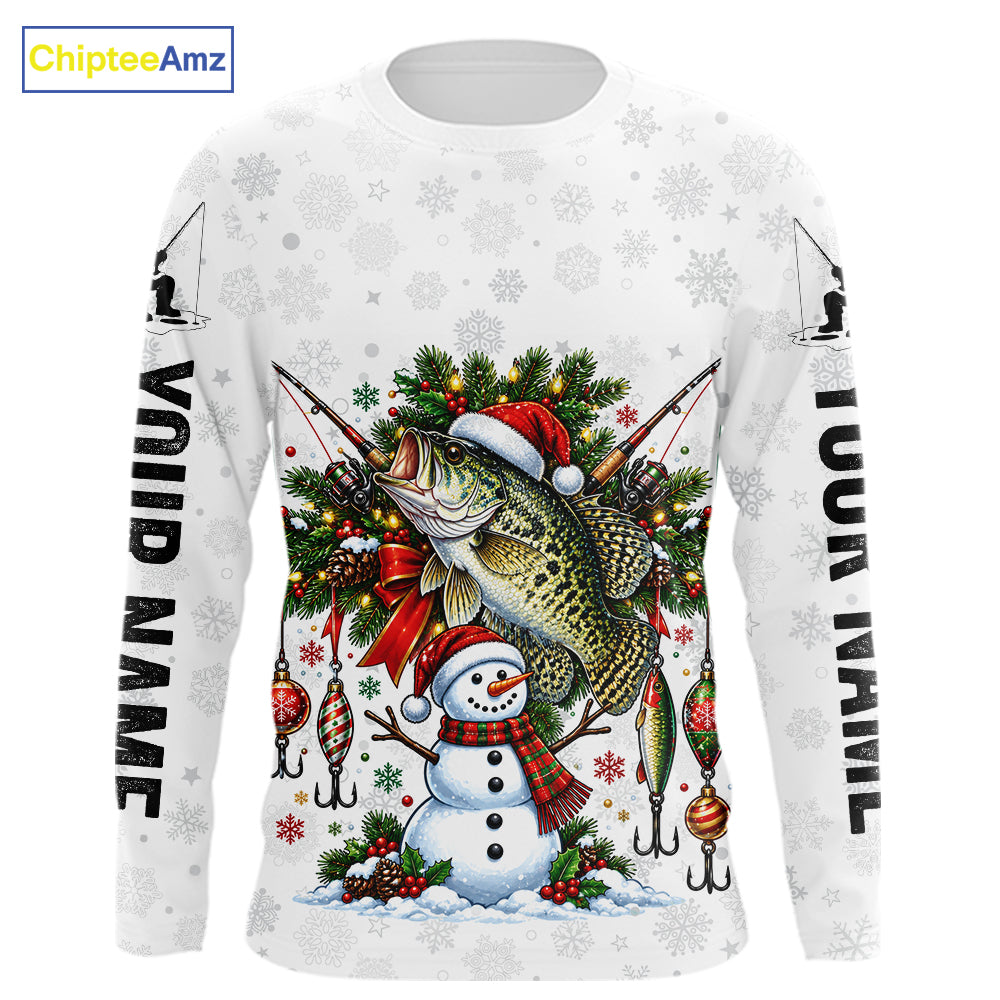 Custom Christmas Crappie Fishing Shirt Snowman Fishing Rod Long Sleeve Apparel Xmas Gift For Fishermen