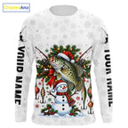 Custom Christmas Crappie Fishing Shirt Snowman Fishing Rod Long Sleeve Apparel Xmas Gift For Fishermen