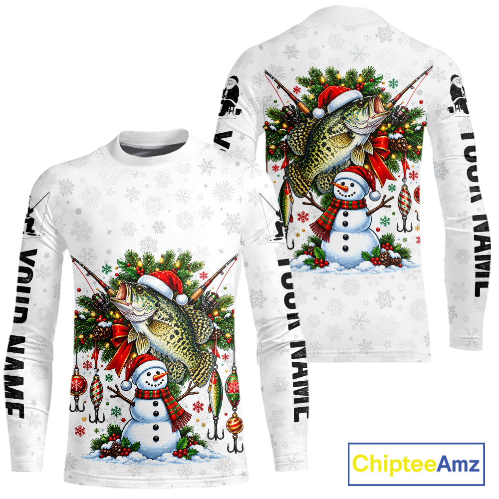 Custom Christmas Crappie Fishing Shirt Snowman Fishing Rod Long Sleeve Apparel Xmas Gift For Fishermen
