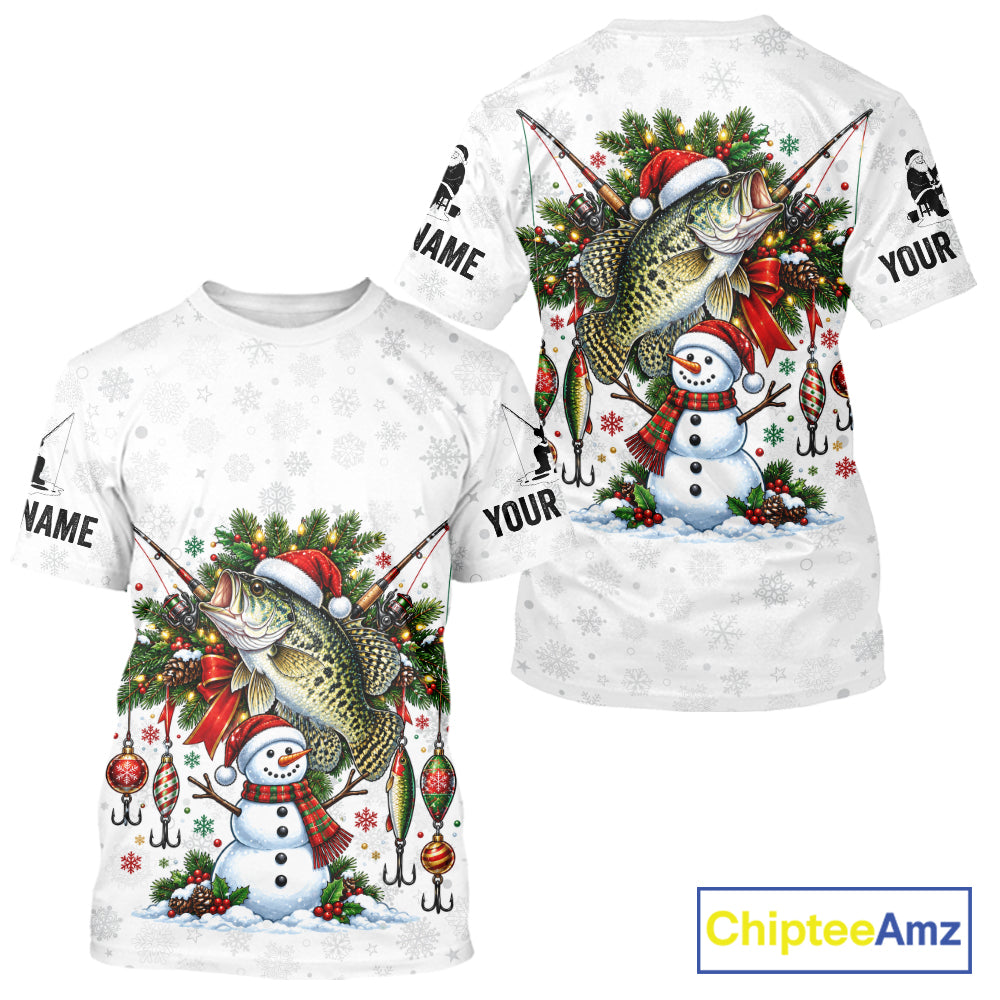 Custom Christmas Crappie Fishing Shirt Snowman Fishing Rod Long Sleeve Apparel Xmas Gift For Fishermen