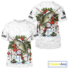 Custom Christmas Crappie Fishing Shirt Snowman Fishing Rod Long Sleeve Apparel Xmas Gift For Fishermen