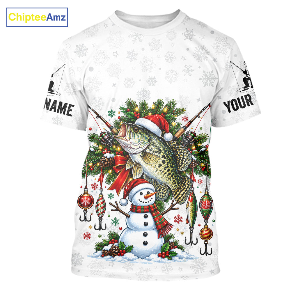 Custom Christmas Crappie Fishing Shirt Snowman Fishing Rod Long Sleeve Apparel Xmas Gift For Fishermen