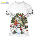 Custom Christmas Crappie Fishing Shirt Snowman Fishing Rod Long Sleeve Apparel Xmas Gift For Fishermen