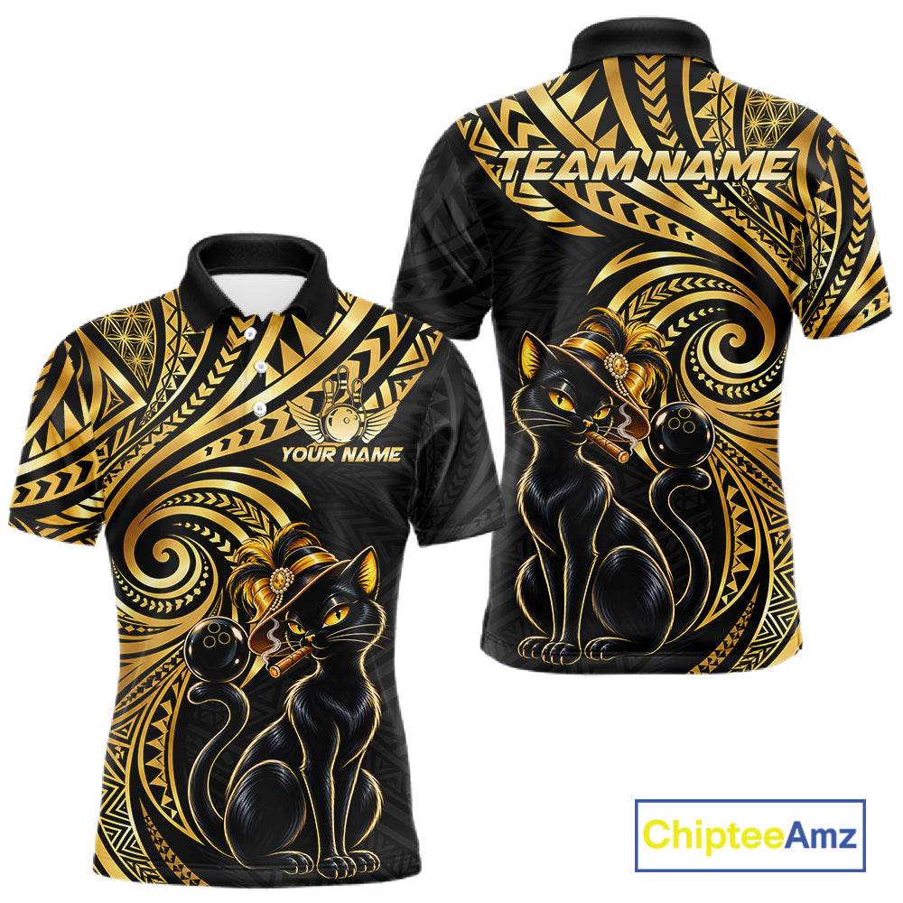 Slay Cat Bowling Polo Quarter-Zip Shirt Custom Black And Gold Tribal Bowling Team Jersey