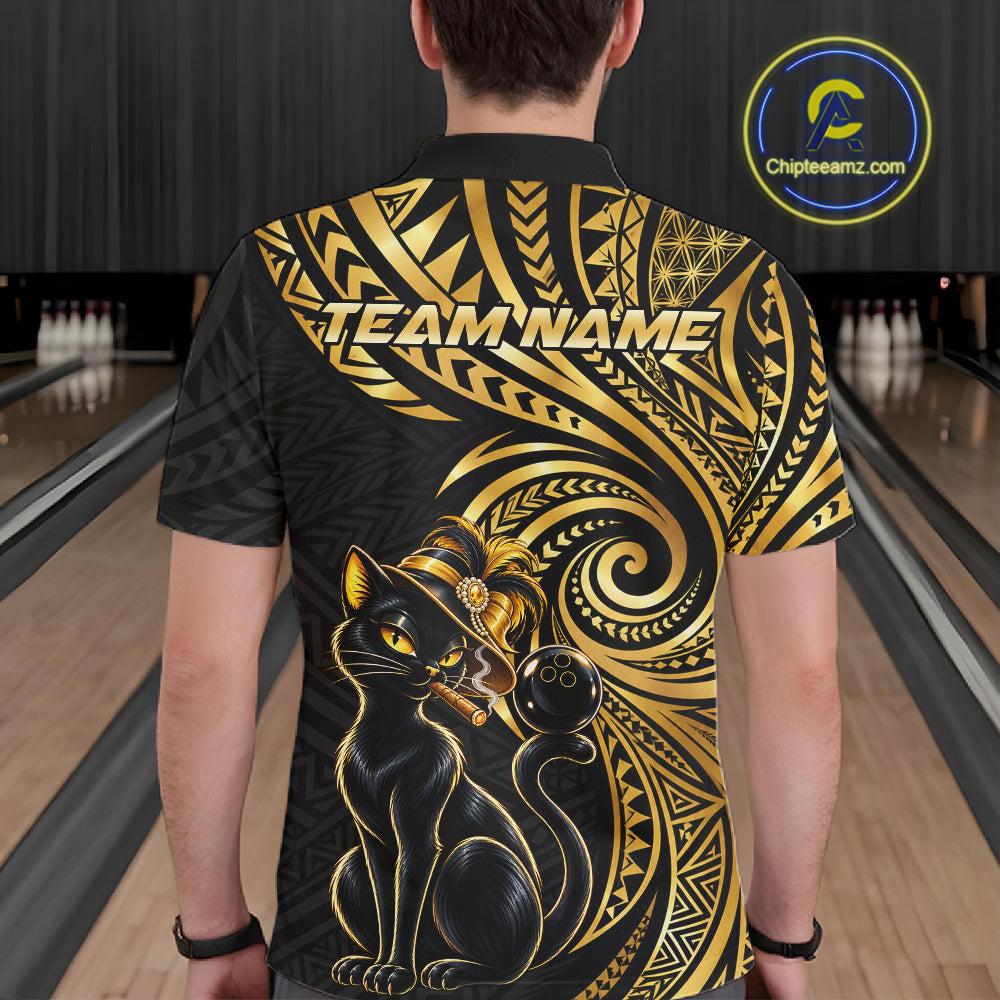 Slay Cat Bowling Polo Quarter-Zip Shirt Custom Black And Gold Tribal Bowling Team Jersey