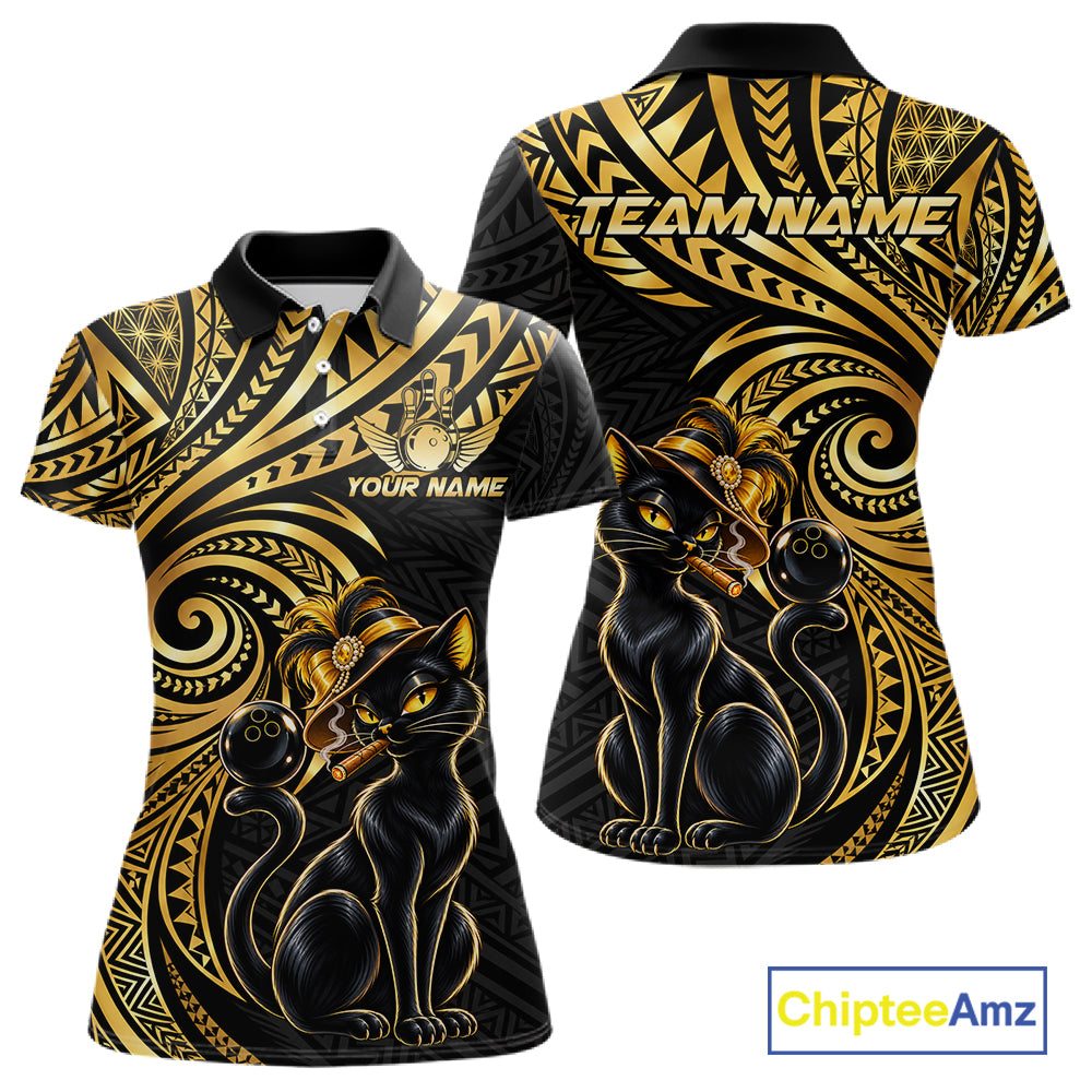 Slay Cat Bowling Polo Quarter-Zip Shirt Custom Black And Gold Tribal Bowling Team Jersey