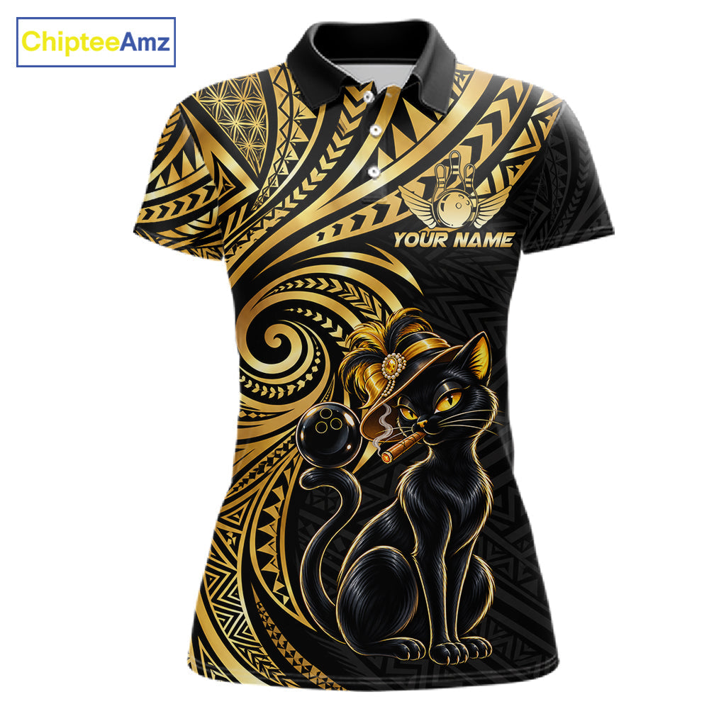 Slay Cat Bowling Polo Quarter-Zip Shirt Custom Black And Gold Tribal Bowling Team Jersey