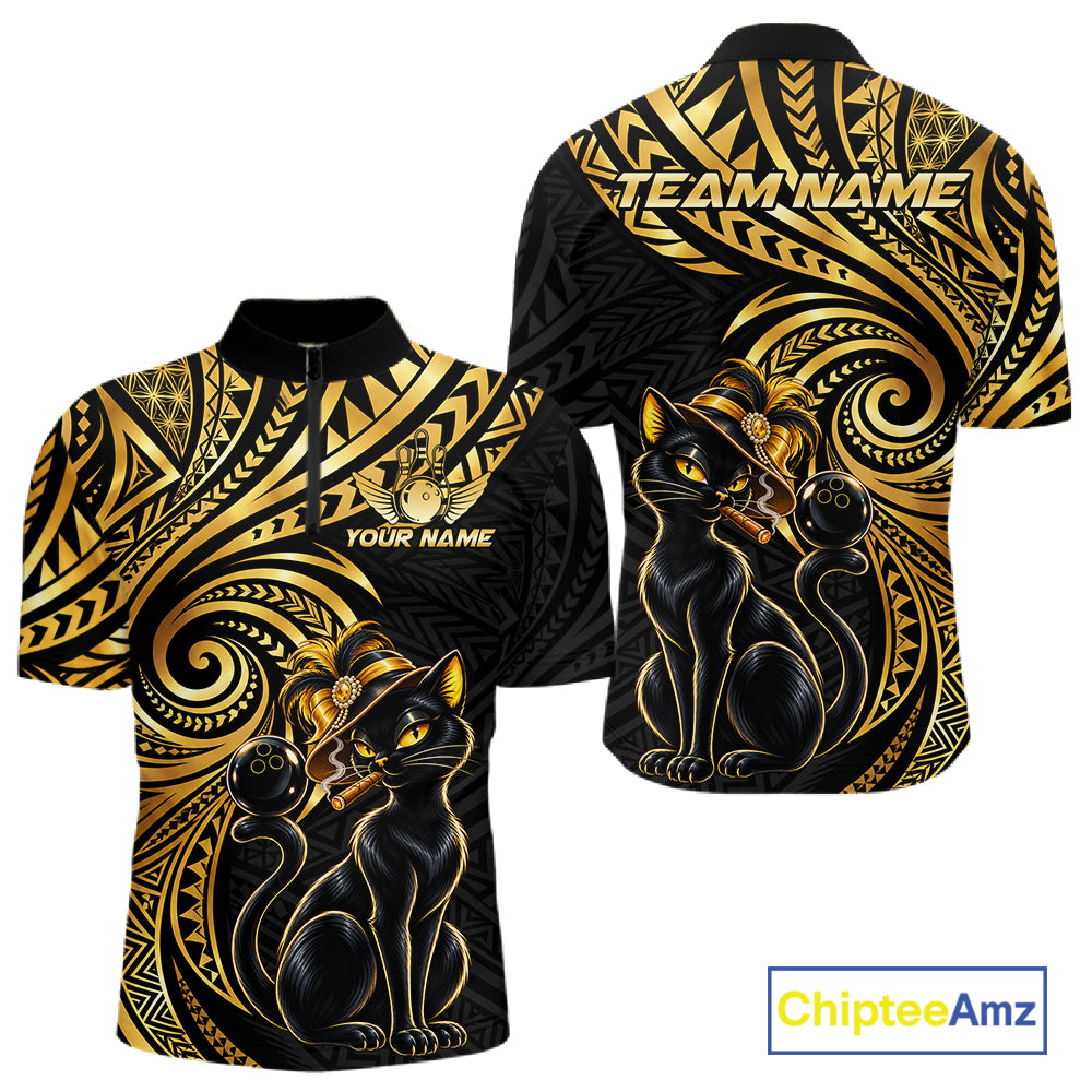 Slay Cat Bowling Polo Quarter-Zip Shirt Custom Black And Gold Tribal Bowling Team Jersey