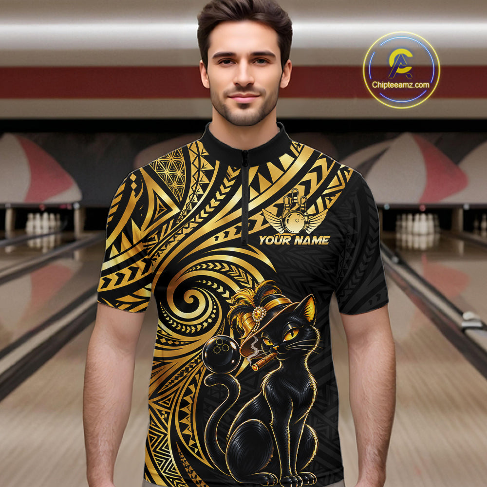 Slay Cat Bowling Polo Quarter-Zip Shirt Custom Black And Gold Tribal Bowling Team Jersey