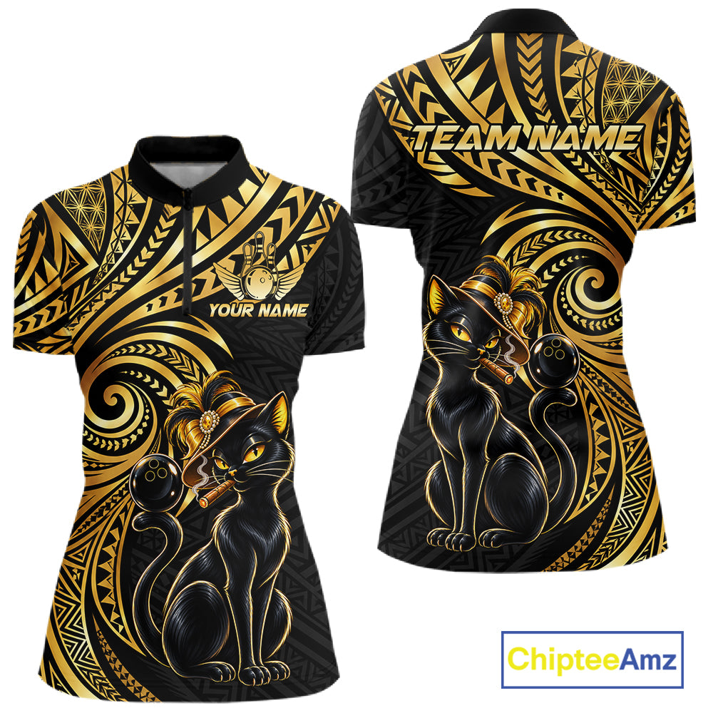Slay Cat Bowling Polo Quarter-Zip Shirt Custom Black And Gold Tribal Bowling Team Jersey