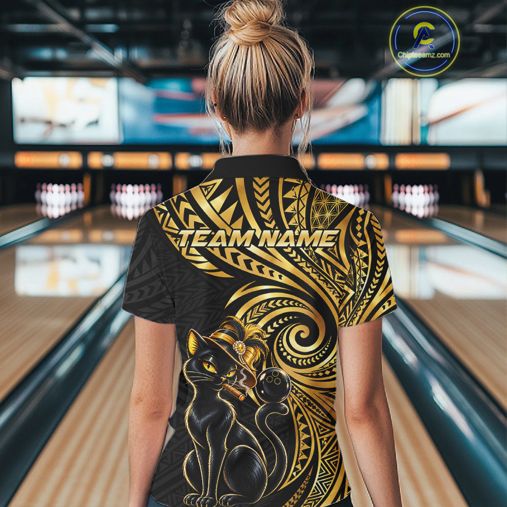 Slay Cat Bowling Polo Quarter-Zip Shirt Custom Black And Gold Tribal Bowling Team Jersey
