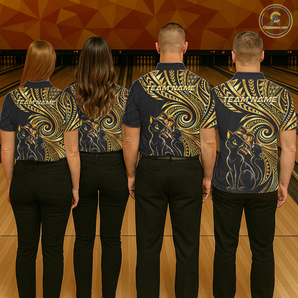 Slay Cat Bowling Polo Quarter-Zip Shirt Custom Black And Gold Tribal Bowling Team Jersey