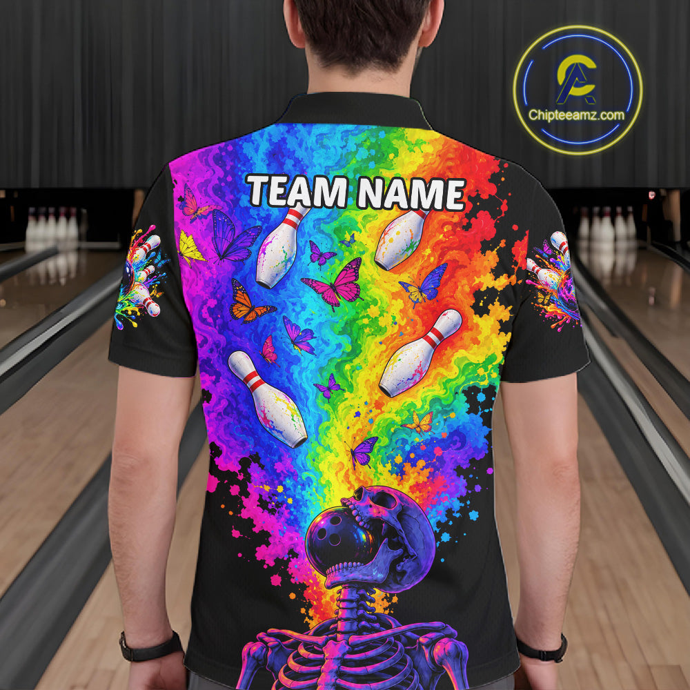 Custom Psychedelic Skeleton Bowling Polo 1/4-Zip Colorful Butterfly Bowler Team Jersey