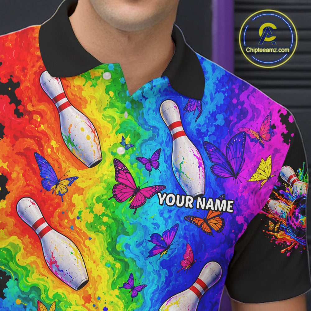 Custom Psychedelic Skeleton Bowling Polo 1/4-Zip Colorful Butterfly Bowler Team Jersey